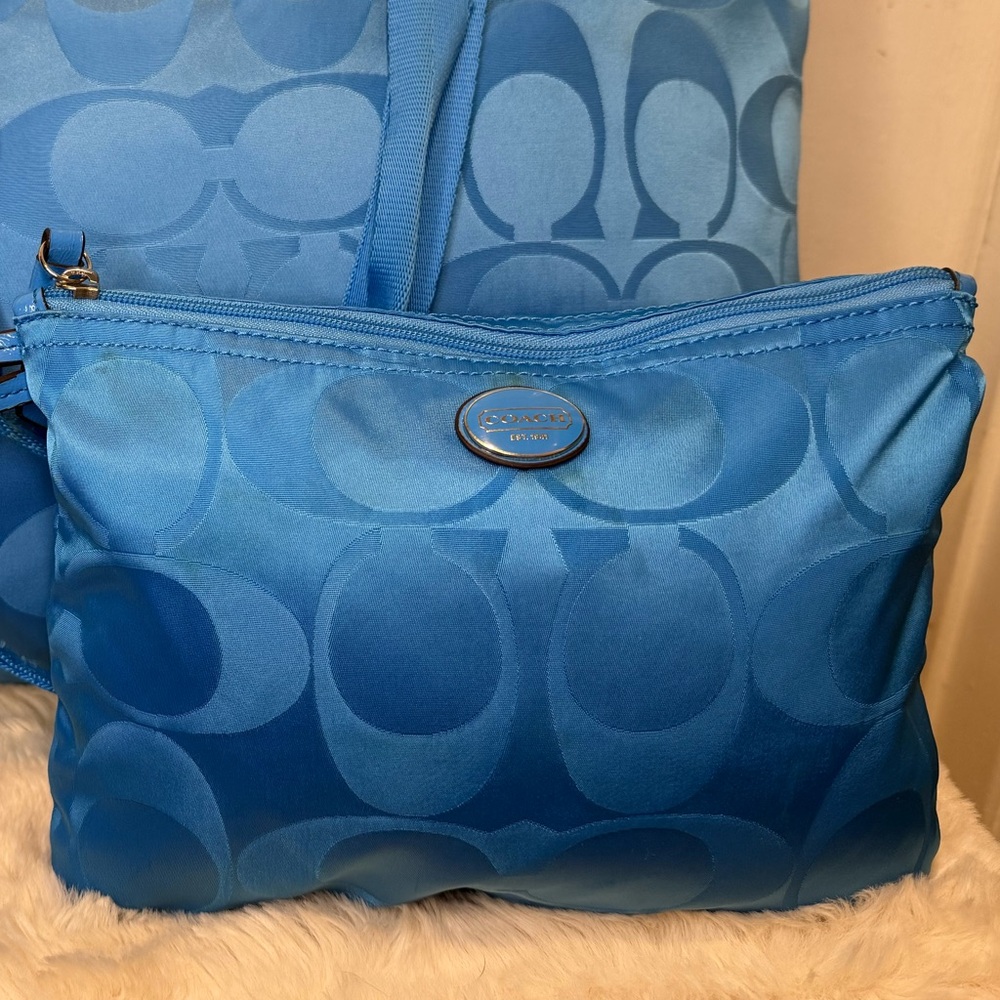 COACH GETAWAY SIGNATURE NYLON PACKABLE WEEKENDER BAG TOTE & POUCH BLUE F77321 - Picture 2 of 16